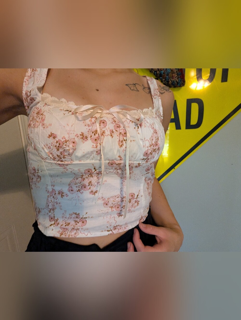 Altar'd State Cream Floral Lace-Trim Top